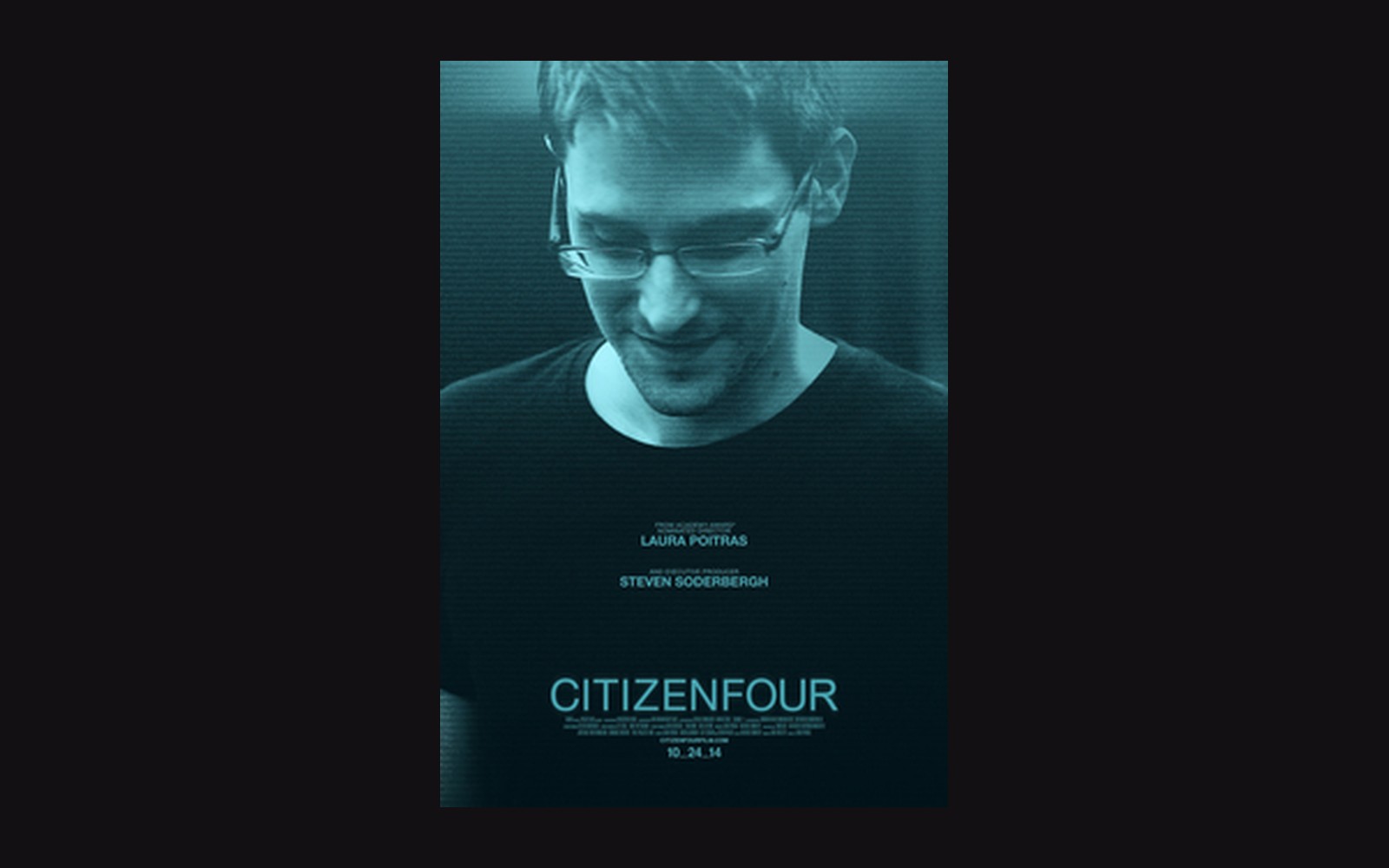 Movie poster for Citizenfour showing a bespectacled man looking down, bathed in blue light